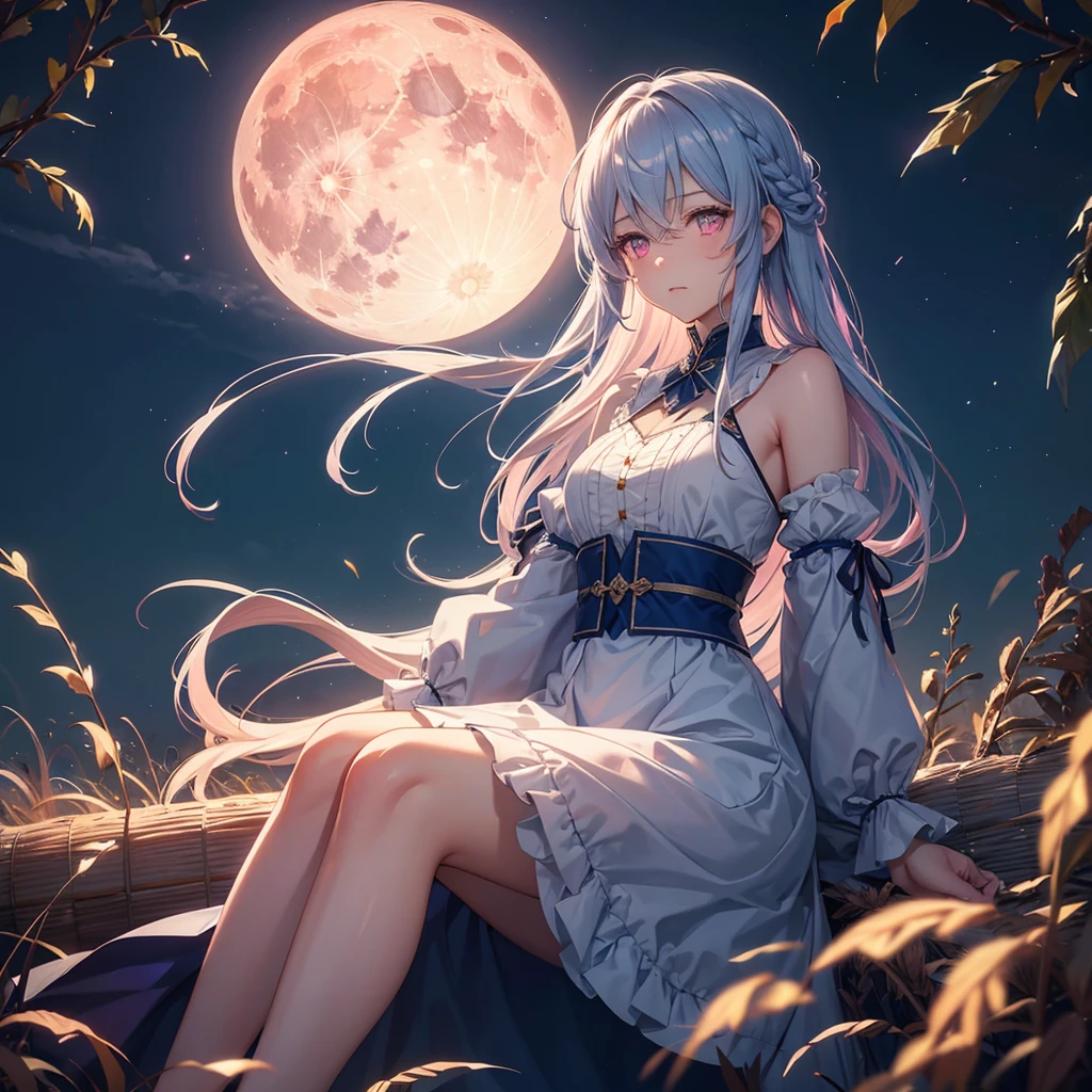 (Sky blue braided medium length hair), (Pink eyes),(Fair skin)  ,(whole body),(One Girl),(harvest moon),(Miscanthus sinensis in the background),autumn,(full moon),(masterpiece, Highest quality, Very detailed, Best Shadow), (Detailed Background), (Beautifully detailed face), High Contrast, (Best lighting, Very delicate and beautiful), ((Cinematic Light)), Hyper Detail,8k, Dramatic Light, 