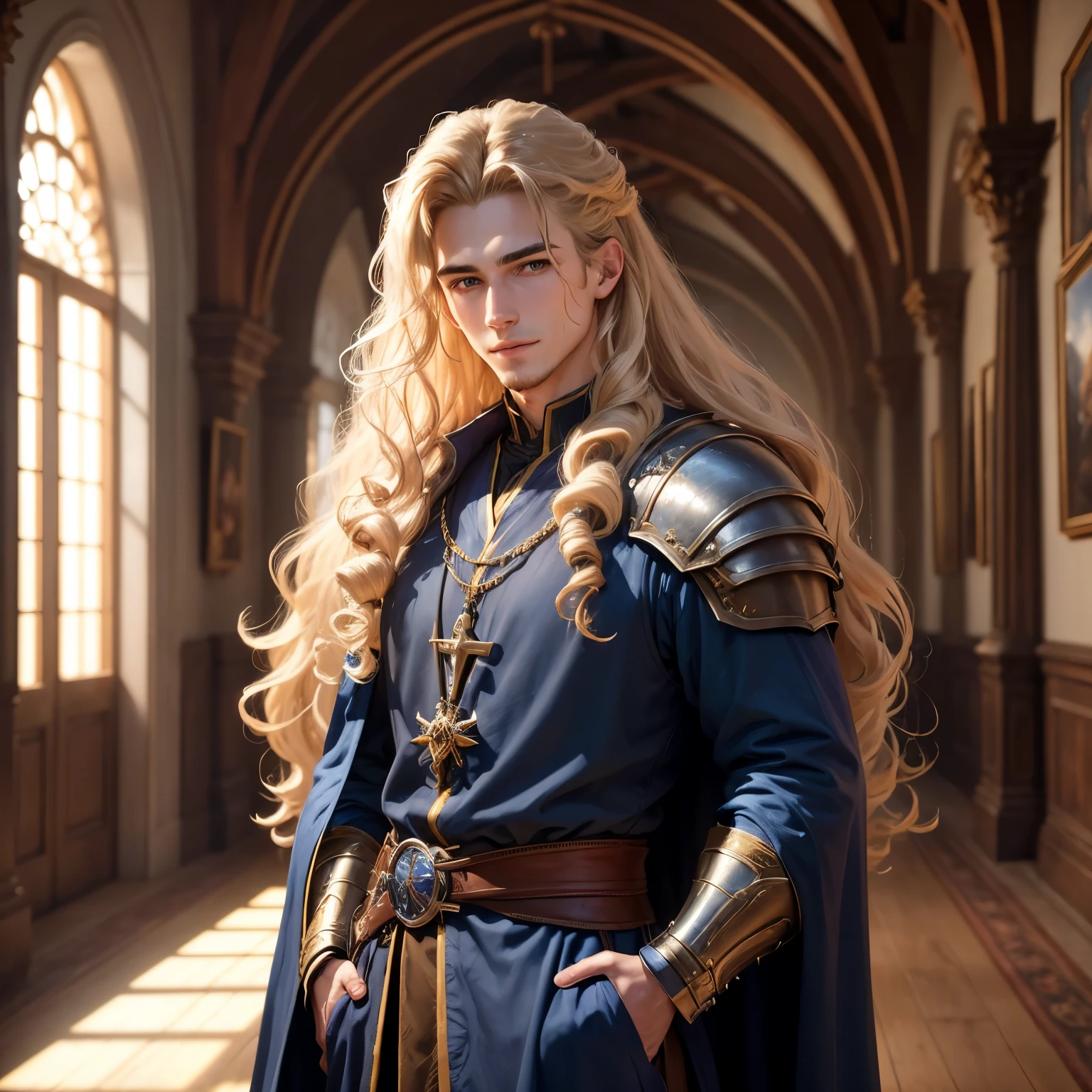 ((best qualityer)), ((work of art)), (detailded), 8k, 4K, hight contrast, work of art,  Meticulous attention to facial features and hair strands, 20 year old young man, an adventurous man with long curly blond hair ,blue robe,layer ,battle costume , adventurer armor,slightly-smile,in the background a castle hall ,clear lighting, detailed shadows 