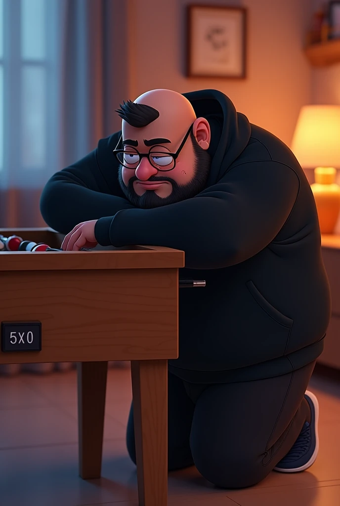 Create a Disney-Pixar style image of a 25 year old adult male, extremely sad and crying intensely, with tears falling from his eyes as if he were a child. He is kneeling behind a foosball table, leaning on it, with a score of "5x0" displayed as if it were the title of a Disney movie. The man is a little overweight, wears a black sweatshirt, black pants and black sneakers. He wears glasses, has a medium black beard with some gaps on his cheeks and is bald in the front of his hair, having only 10% with hair on the head, with front entrances and straight black hair. The expression of his sadness is deep, highlighting his discouragement with the 5x0 result. 