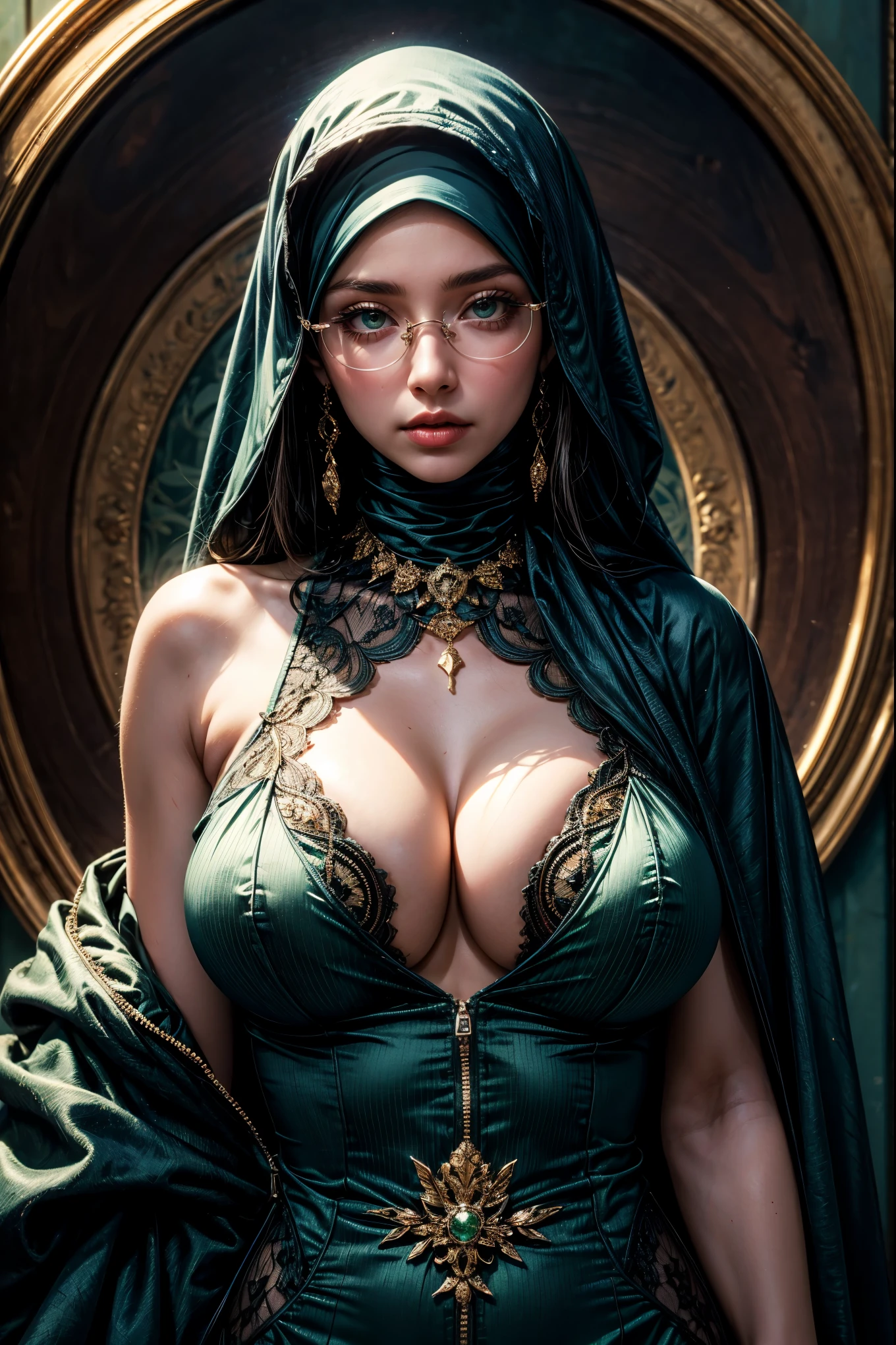 Tia is shown to have a fairly slender figure. Wearing silh hijab, large pale green eyes,(masterpiece:1.2, best quality), Kiel-D01, blue suit, monster, serious, looking at viewer, round-framed glasses cleavage exposed, big breasts, superior quality, many details, Puri focus Sharp and realistic