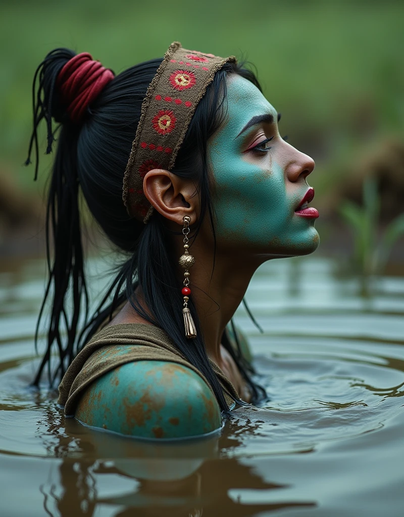 extremely detailed pale woman head in mud bog in t-shirt,is victim of ritual, mud bog, drowned below mud bog, fashion photoshoot posing,gloomy orgasm, sexy posing, provocative photoshoot, loosing control, headdress,traditional indigenous makeup. red, green, blue, side view, from afar