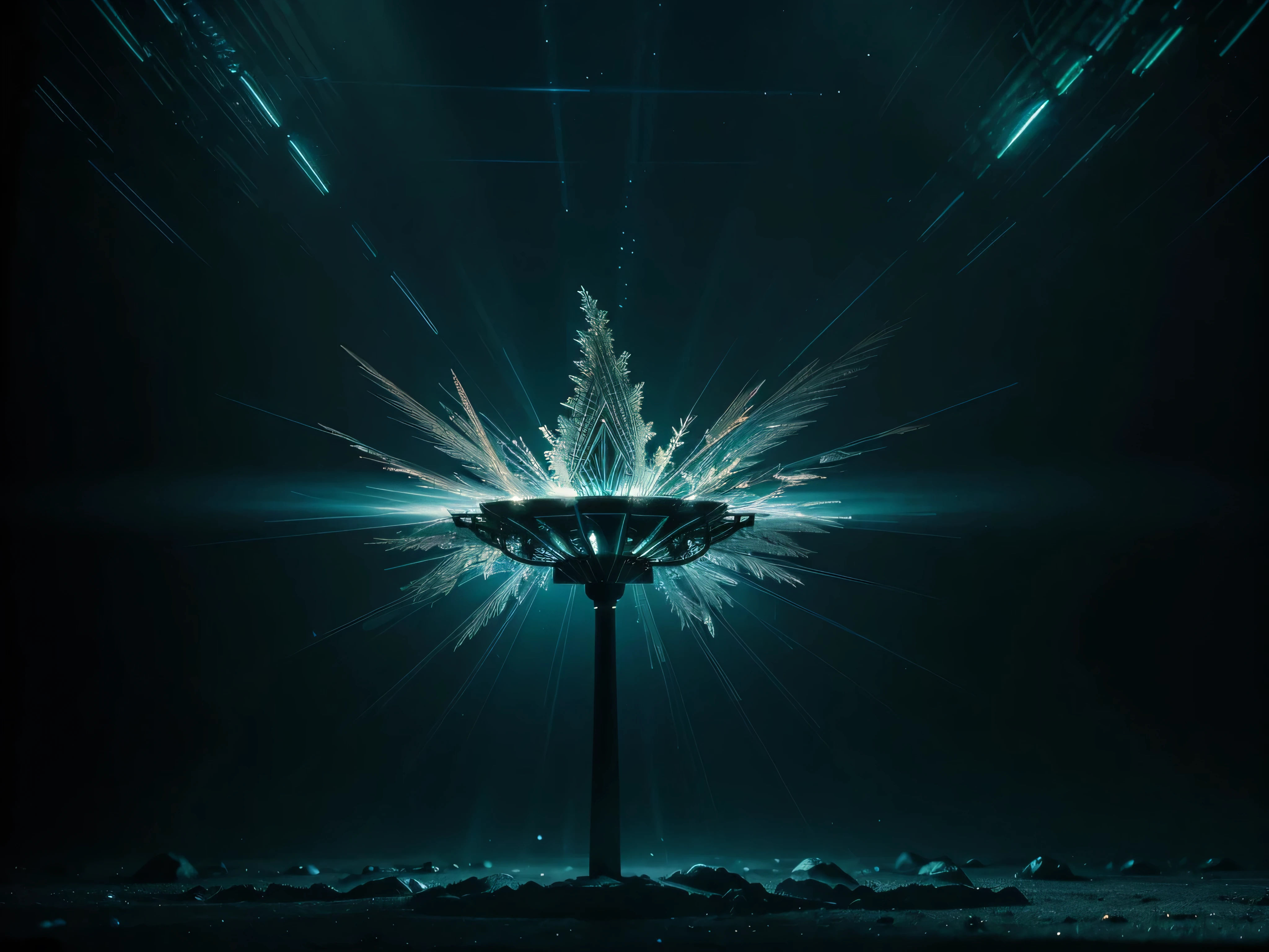 A mesmerizing bioluminescent fairylike quantum communication device glows in the darkness, emitting delicate beams of light and intricate patterns. In a pinhole long exposure photograph, this device appears as a shimmering, ethereal presence suspended in midair. The image captures the device's intricate details in stunning clarity, showcasing its intricacy and otherworldly beauty. The soft, diffused light creates a dreamlike atmosphere, adding a sense of enchantment to the scene. Every nuance and color is rendered with exquisite precision, making this image a masterpiece of artistic and technical skill.