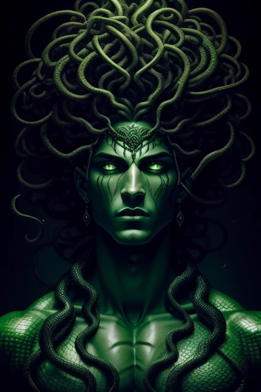 handsome hunky Young Man, green scaly skin, snakes for hair, intertwined coils cascading down, scale textures catching light, individual strands shimmering, eyes glint with a touch of malice, poised regally against a dark, moody backdrop that accentuates her venomous allure, skin tones that showcase the richness of the green spectrum, charcoal and emerald hues, ultra HD, pen and ink techniques enhancing