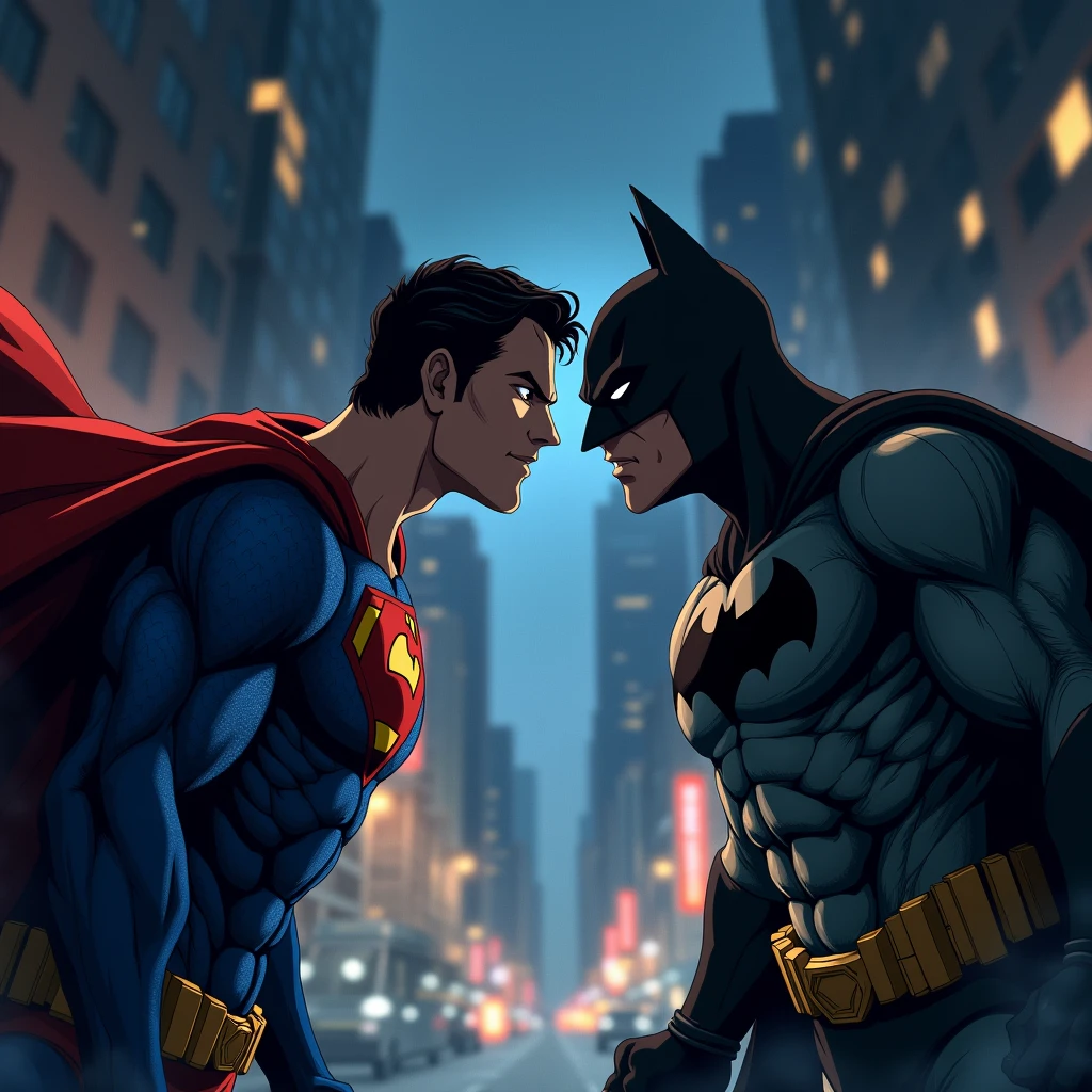  Anime hd quality Superman and batman in night in action more closeup shot aesthetic 