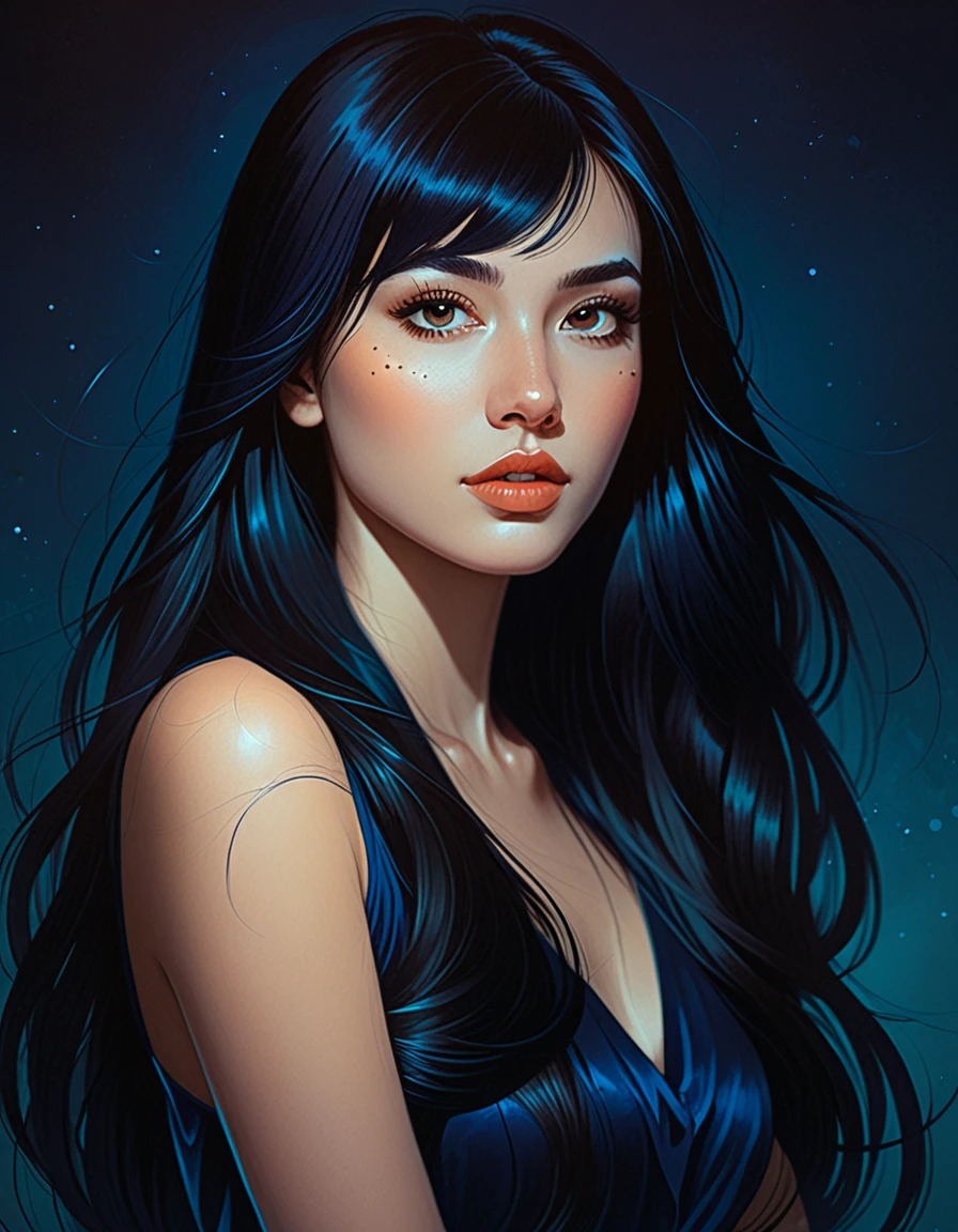 a 22yo woman with long black hair, in the style of charlie bowater, dark blue and dark black,realistic color palette, soft-focused realism,black hair, long hair, blunt bangs