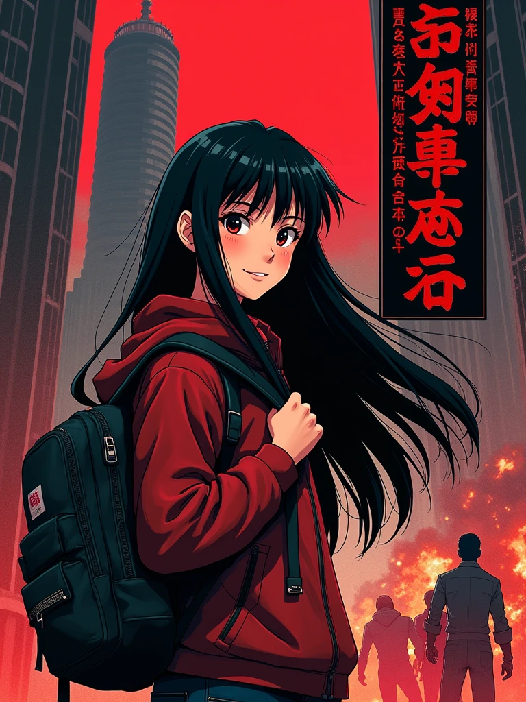 Design a cover for a dark fantasy psychological drama light novel set in Rio de Janeiro in 2050, with a style similar to "inuyasha" ou "Yuyu Hakusho", showing a smiling Japanese ager holding a backpack with long black hair in the foreground, while in the background other characters fight; use a red and black palette, and put the title in a box in the upper right corner.