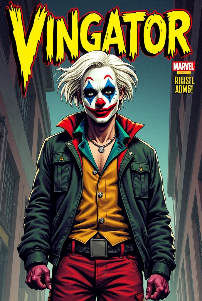 Old style marvel comic book cover ,with a character with clothes from Deadpool pants, Joker jacket, face with clown makeup, white hair, with title of "vingator"