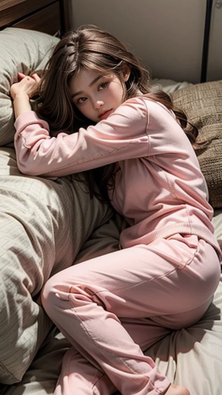 Sleeping girl, 22 years old, Realistic, She is wearing long pants, She is wearing pink pajamas, Brown Hair.