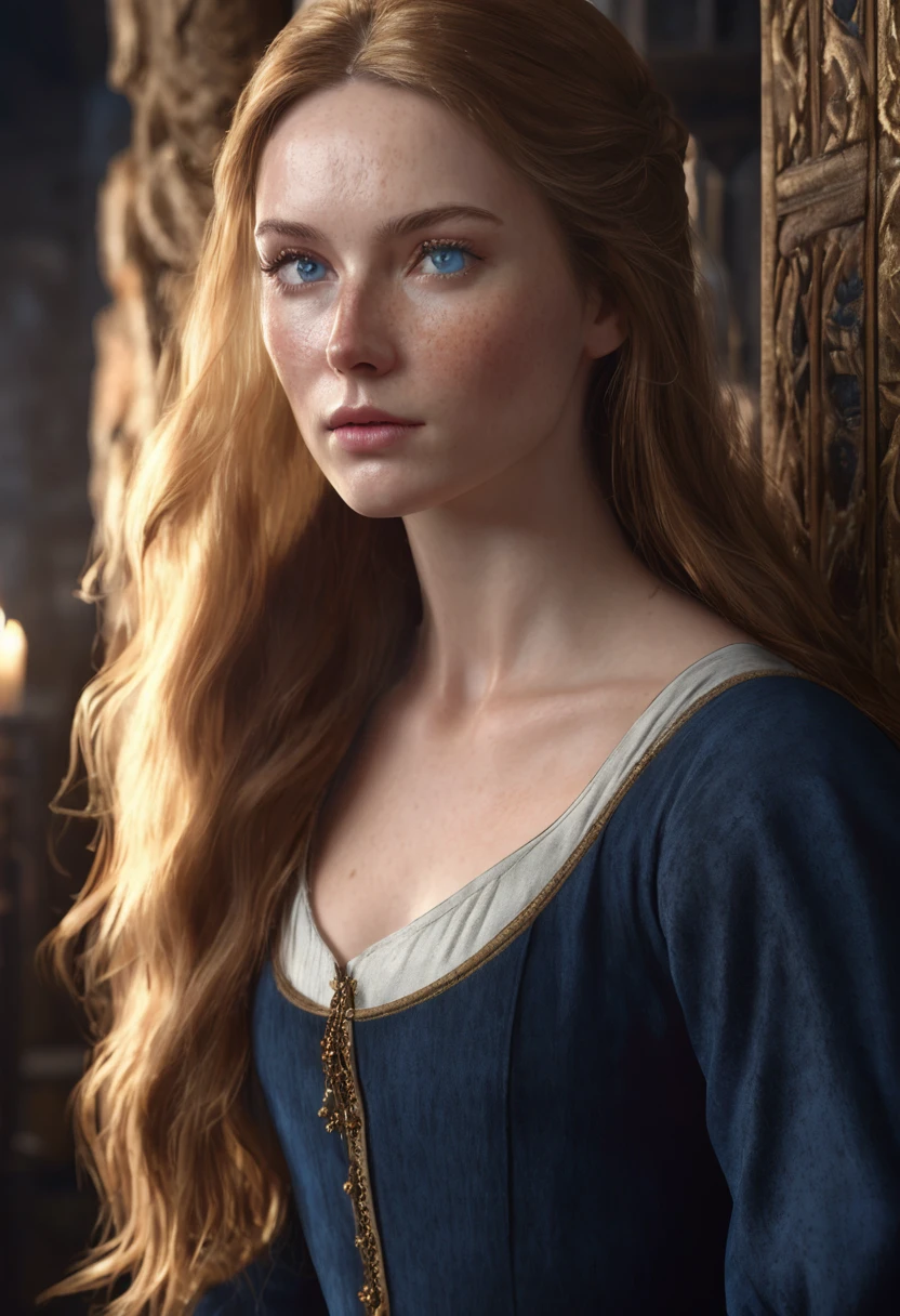 1 woman, inside a medieval room, wearing a dark blue outfit, detailed facial features, feminine gray-blue eyes, detailed fair skin, freckles on her face, long golden brown hair, dramatic lighting, cinematic composition, somber palette, dark colors, atmospheric haze, thin chin, soft face, serious face, beautiful woman, adult woman, ultra realistic, profile picture, adult woman (best quality, 4K, 8K, high resolution, art: 1.2), ultra detailed (realistic, photorealistic, photorealistic: 1.37)