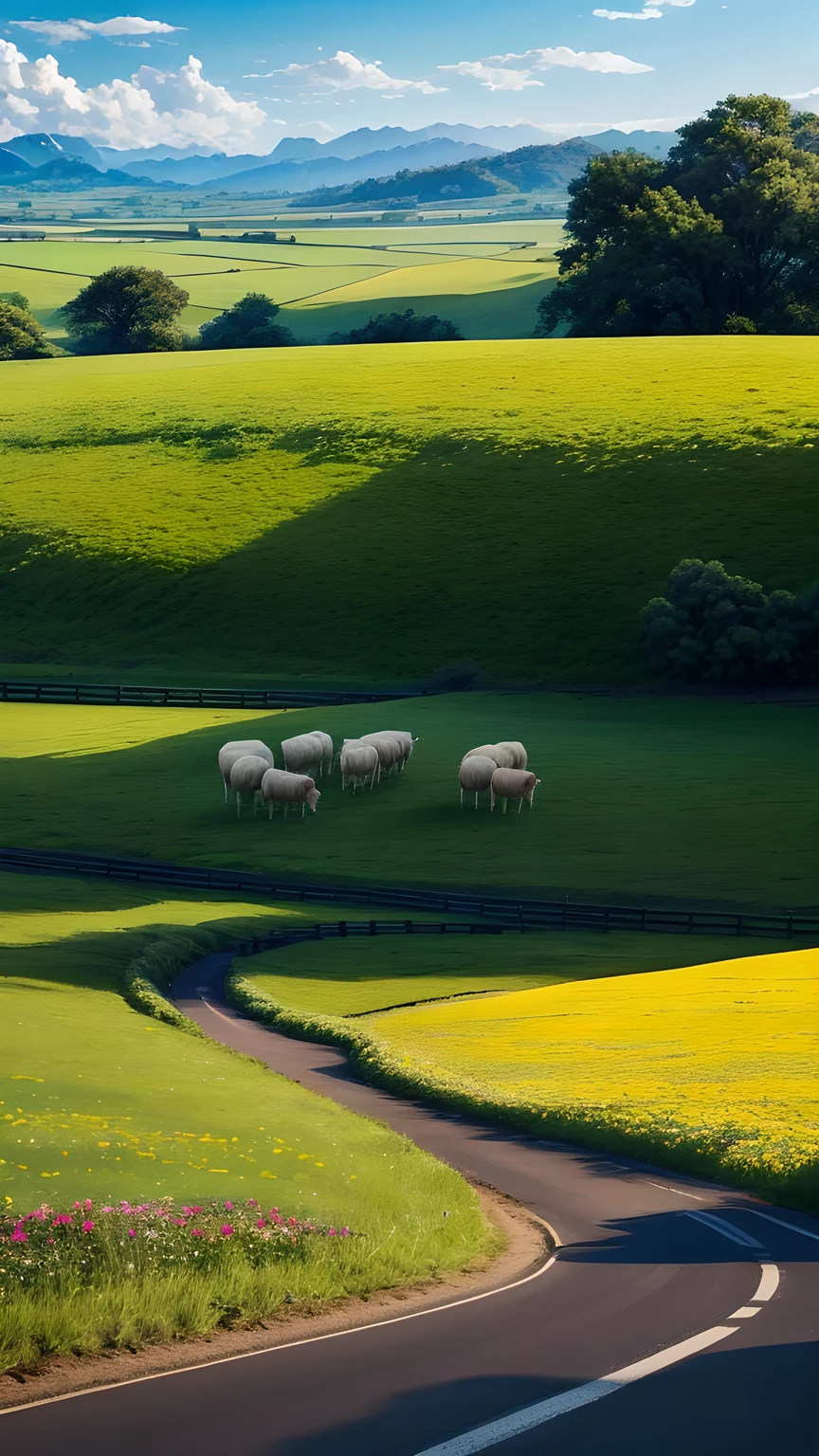 Plains,A small road,There are cattle and sheep eating grass,There are flowers,There is grass,beautiful landscape,masterpiece,best quality,sunny。