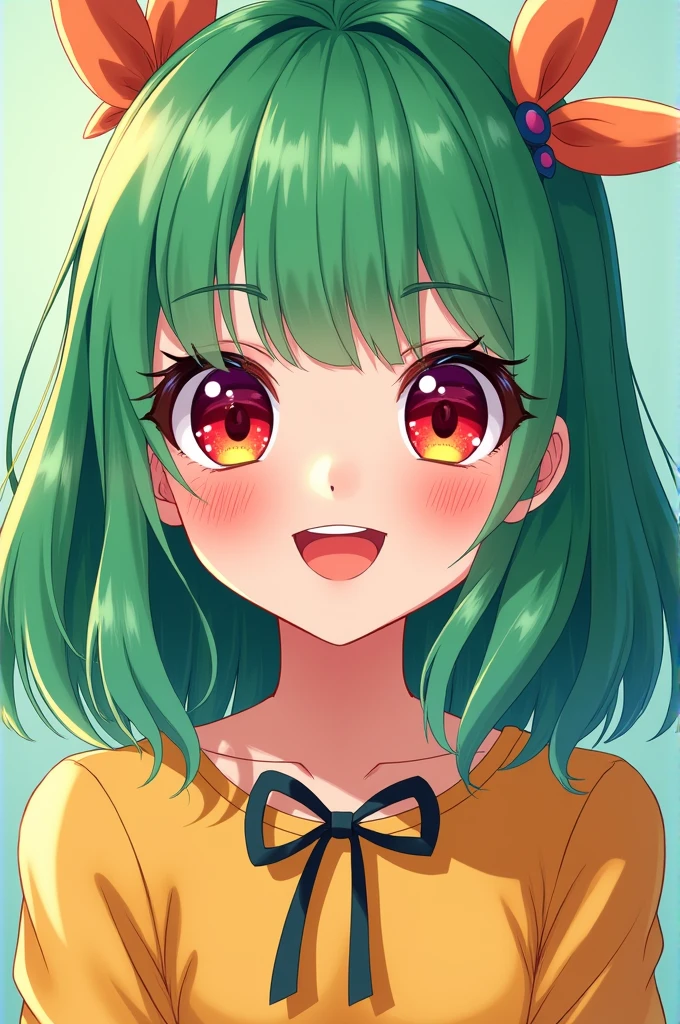 Draw me a girl with A green bright hair straight with bangs and red 
dominant eyes and black eyebrows make her cute and smilling 