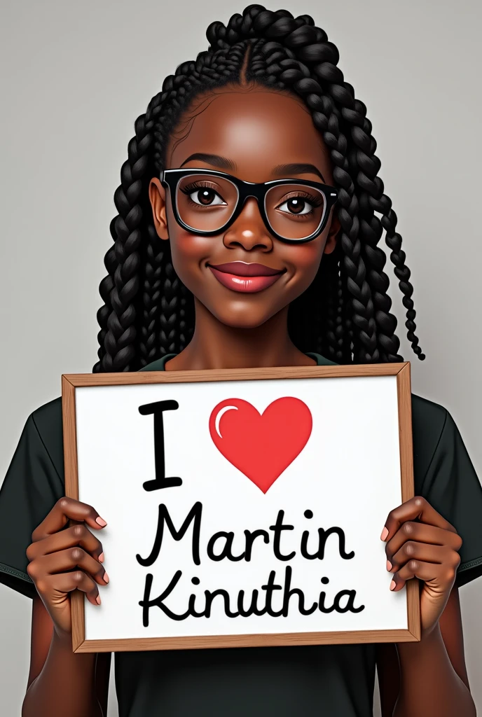 Black Beautiful girl with
Braids
hair, wearing thick black glasses holding a white board with text "I Love Martin Kinuthia" and showing it to the viewer