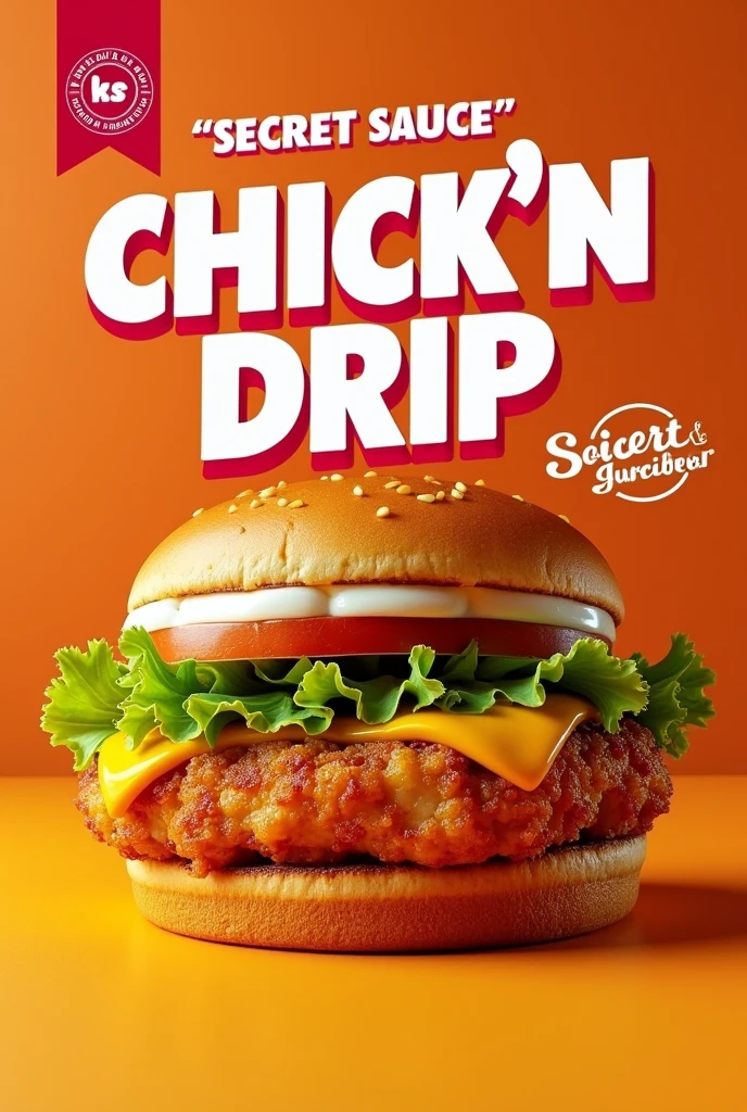 Create a sample illustration of an advertisement of an orange chicken flavored burger with mayonnaise, cucumber, lettuce, and secret sauce. Its title would be "Chick'N Drip". The advertisement should grab the attention of students. Design should be modern, eye catching.