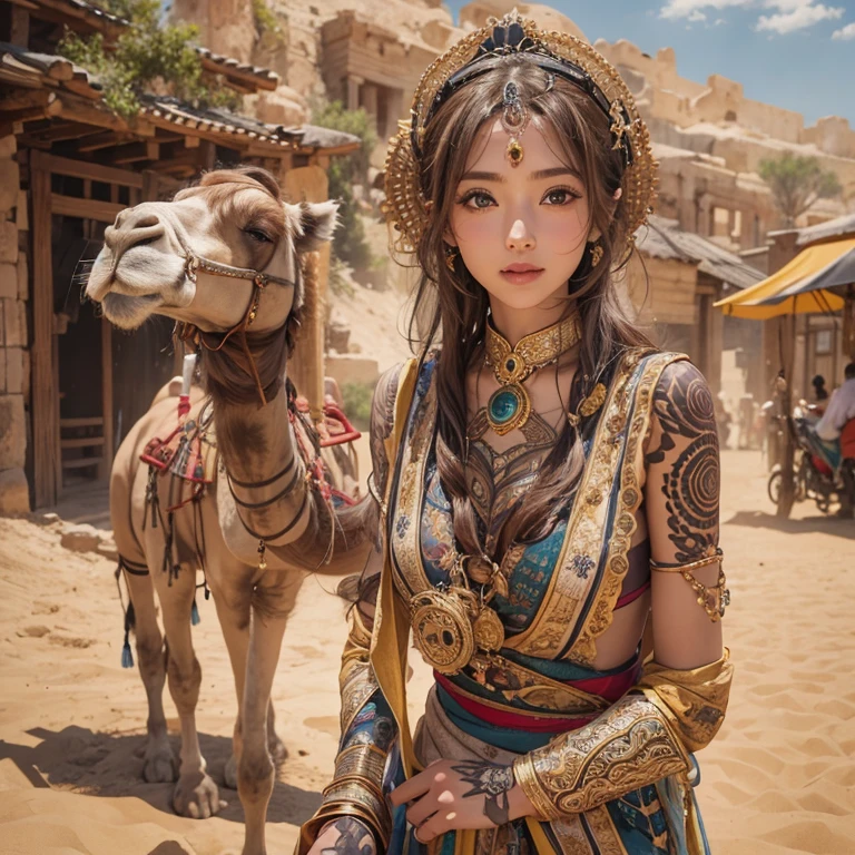 Hiding in the desert、Hair Flow、 ((Highest quality、masterpiece、8k、Best image quality、Ultra-high resolution、Award-winning works)、(Accurate anatomy:1.1)、(Look at me and smile:1.1)、Shining fair skin with Ultra-high resolution、The most detailed face、Ultra-high resolution detailed face、Ultra-high resolutionの髪の毛、(Ultra-high resolutionの煌めく瞳:1.1)、Beautiful face drawn in every detail、(Blurred Background:1.1)、Ancient Islamic clothing, Chest to chest, tattoo, Old ruins in the background、ride on the camel