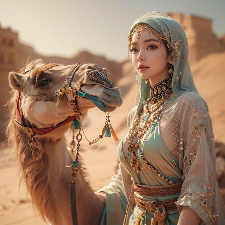 Hiding in the desert、Hair Flow、 ((Highest quality、masterpiece、8k、Best image quality、Ultra-high resolution、Award-winning works)、(Accurate anatomy:1.1)、(Look at me and smile:1.1)、Shining fair skin with Ultra-high resolution、The most detailed face、Ultra-high resolution detailed face、Ultra-high resolutionの髪の毛、(Ultra-high resolutionの煌めく瞳:1.1)、Beautiful face drawn in every detail、(Blurred Background:1.1)、Ancient Islamic clothing, Chest to chest, tattoo, Old ruins in the background、ride on the camel