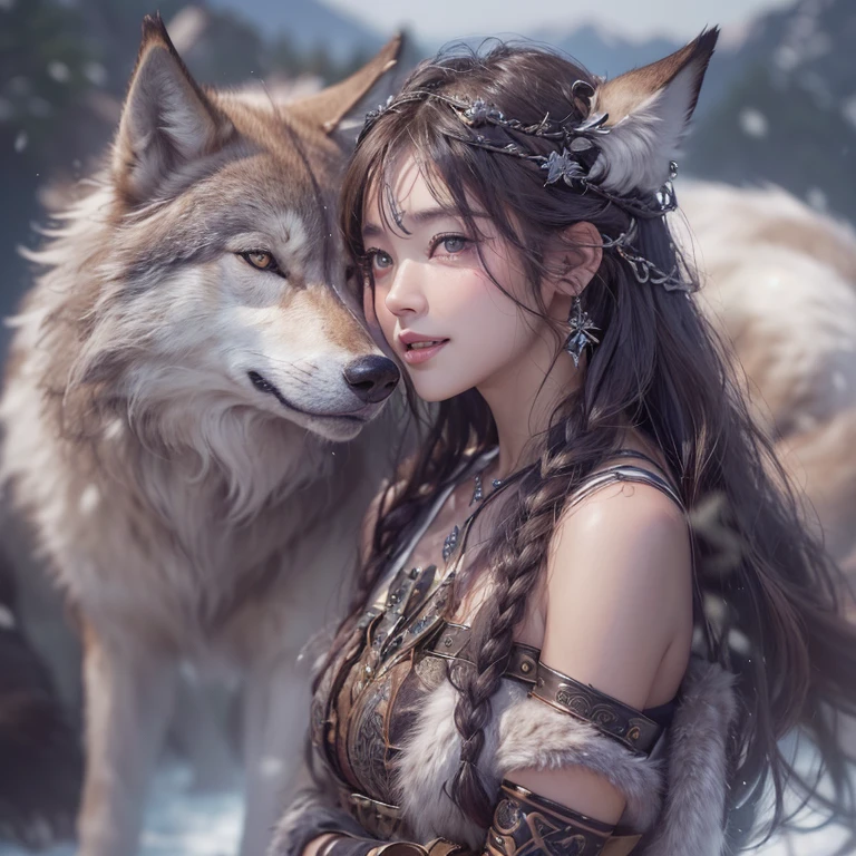 Lakeside surrounded by snowy mountains、Hair Flow、 ((Highest quality、masterpiece、8k、Best image quality、Ultra-high resolution、Award-winning works)、(Accurate anatomy:1.1)、(Look at me and smile:1.1)、Shining fair skin with Ultra-high resolution、The most detailed face、Ultra-high resolution detailed face、Ultra-high resolutionの髪の毛、(Ultra-high resolutionの煌めく瞳:1.1)、Beautiful face drawn in every detail、Ancient Viking clothing, Chest to chest, tattoo, A real wolf is by your side