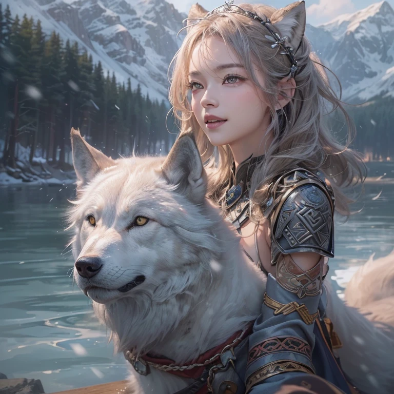 Lakeside surrounded by snowy mountains、Hair Flow、 ((Highest quality、masterpiece、8k、Best image quality、Ultra-high resolution、Award-winning works)、(Accurate anatomy:1.1)、(Look at me and smile:1.1)、Shining fair skin with Ultra-high resolution、The most detailed face、Ultra-high resolution detailed face、Ultra-high resolutionの髪の毛、(Ultra-high resolutionの煌めく瞳:1.1)、Beautiful face drawn in every detail、Ancient Viking clothing, Chest to chest, tattoo, A real wolf is by your side