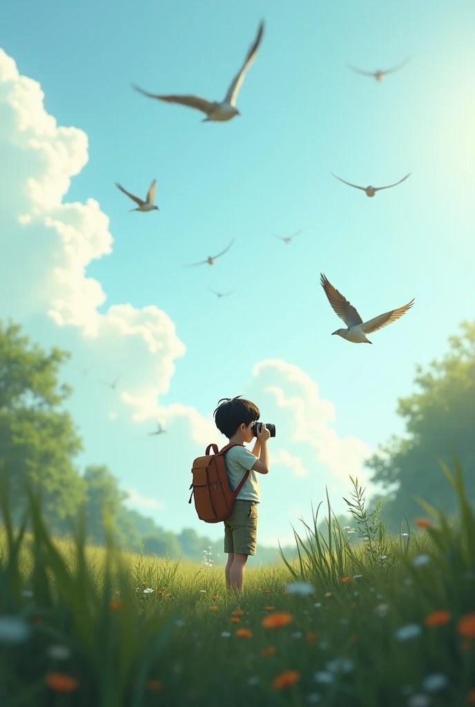 Lonely backpack boy enjoying nature , taking photos of flying birds