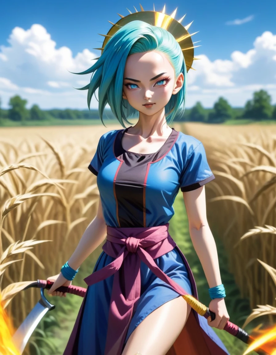 em anime DBZ Jinx Arcane lol com muitas borboletas clad in traditional Slavic attire, wielding a scythe as she mows through a vibrant black e borboletas field under the high summer sun, captured in a cinematic anime scene, shadows cast directly beneath her, e muitas borboletas sun-filled, colorful realism, modularity, photo realistic, ultra high quality details, great attention to the body and face, UHD, 8K , Watercolor, trending on artstation, sharp focus, studio photo