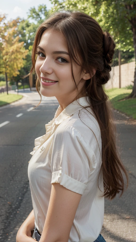 masterpiece, best quality, woman, blissful, smiling, looking at viewer, brown hair, brown eyes, eyes open, pale skin, tall, slim, beauty mark, photorealistic, portrait, half updo, on the road, beautiful, fantasy, two side up, blouse