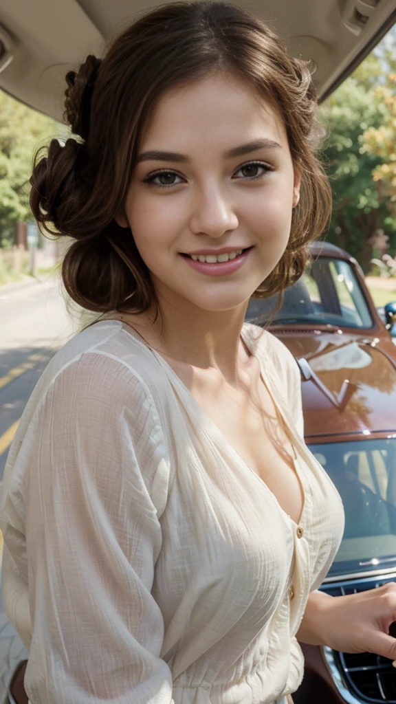 masterpiece, best quality, woman, blissful, smiling, looking at viewer, brown hair, brown eyes, eyes open, pale skin, tall, slim, beauty mark, photorealistic, portrait, half updo, on the road, beautiful, fantasy, two side up, blouse