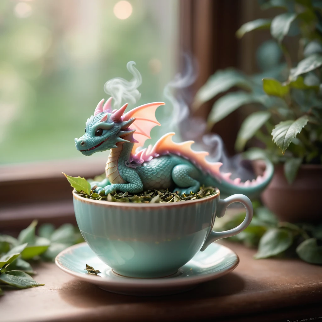 A tiny dragon curled up asleep inside a teacup, (Soft Focus), (f_stop 2.8), (focal_length 50mm) macro lens f/2.8, surrounded by (scattered) tea leaves, (pastel) colors, (cozy) morning light filtering through a nearby window, (whimsical) steam shapes, captured with a (Canon EOS R5), highlighting (serene) comfort, (miniature) whimsy