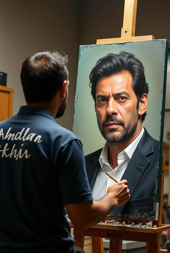 A Guy Painting Imran Khan Ex PM of Pakistan Picture. The name is Abdullah Khilji on his shirt Back
