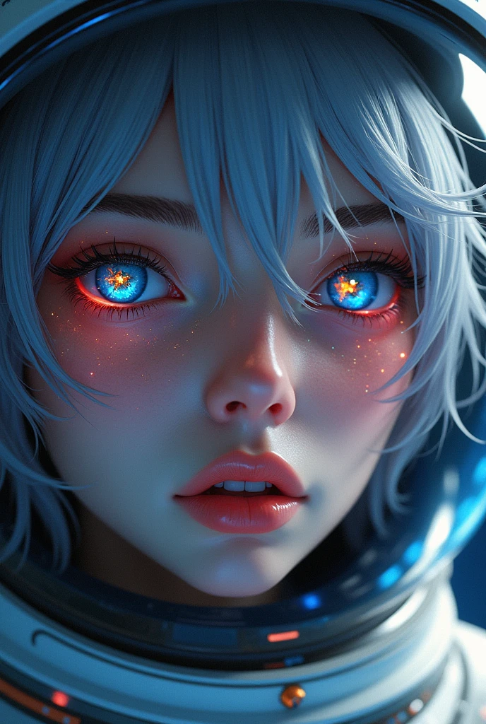 (Close-up of a better masterpiece:1.5)0.9], (Space and astronauts:1.2) (Messy silver hair:1.1) (Heterochromia xanthochromia and blue eyes:1.2) (Space Helmet:1.0) (Colored stars in the eyes:1.0) (A radiant glow:1.1) (thick lips:0.9)