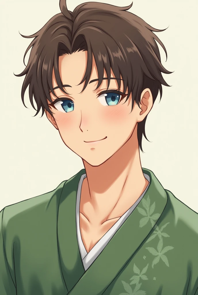 male、Brown hair with forehead exposed、Blue Eyes、Smile、Green yukata