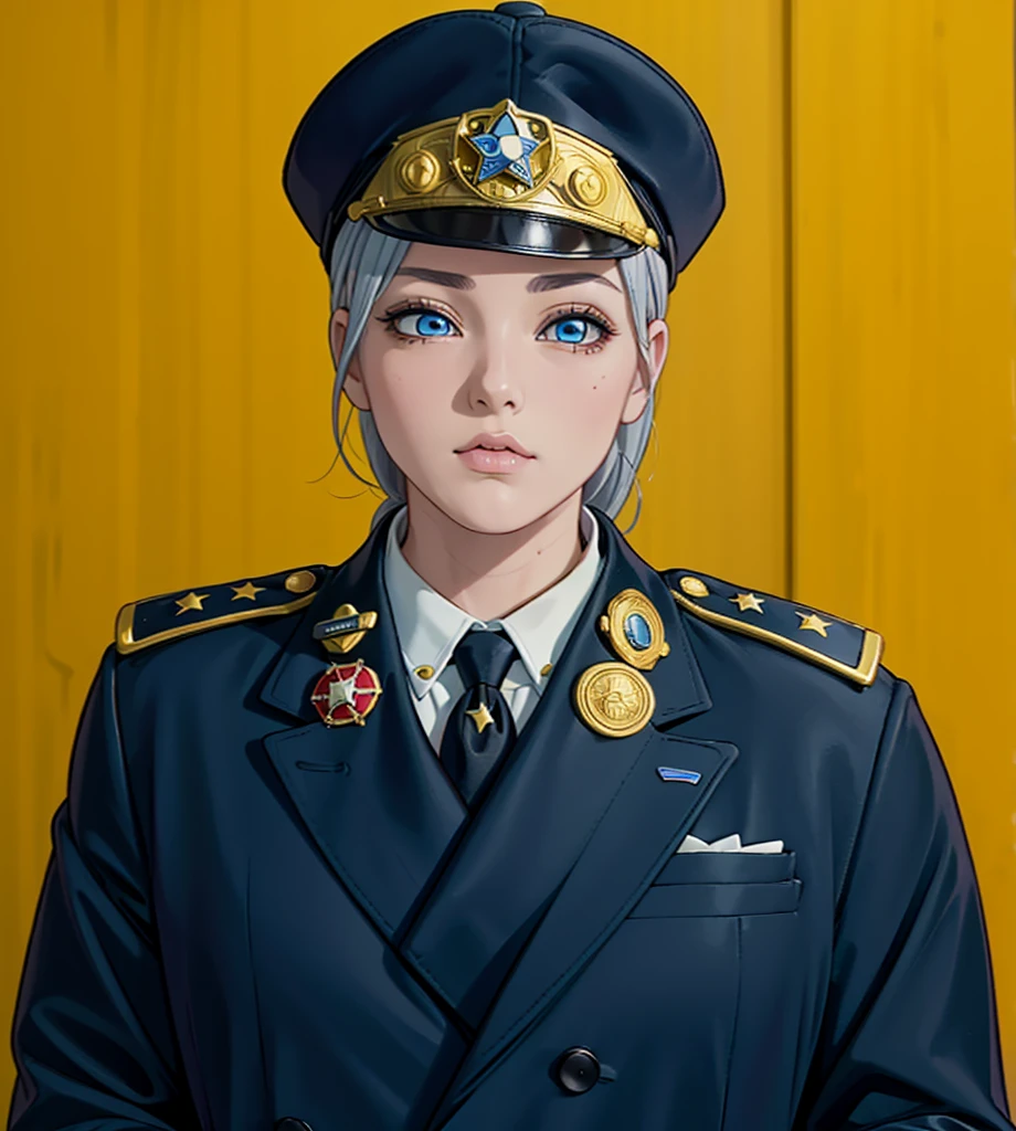 (exceptional, best aesthetic, new, newest, best quality, anime, waifu:1.2), master piece, best quality, absurdres, highres, good anatomy, pretty face, ultra detailed, (1girl:1.3), colored, 1 girl, female, blue eyes, grey hair, peaked cap with big red strip, star insignia on the cap, coat, golden shoulder piece, lautel leaves, inside white shirt, black tie, star badge on the tie, looking at user