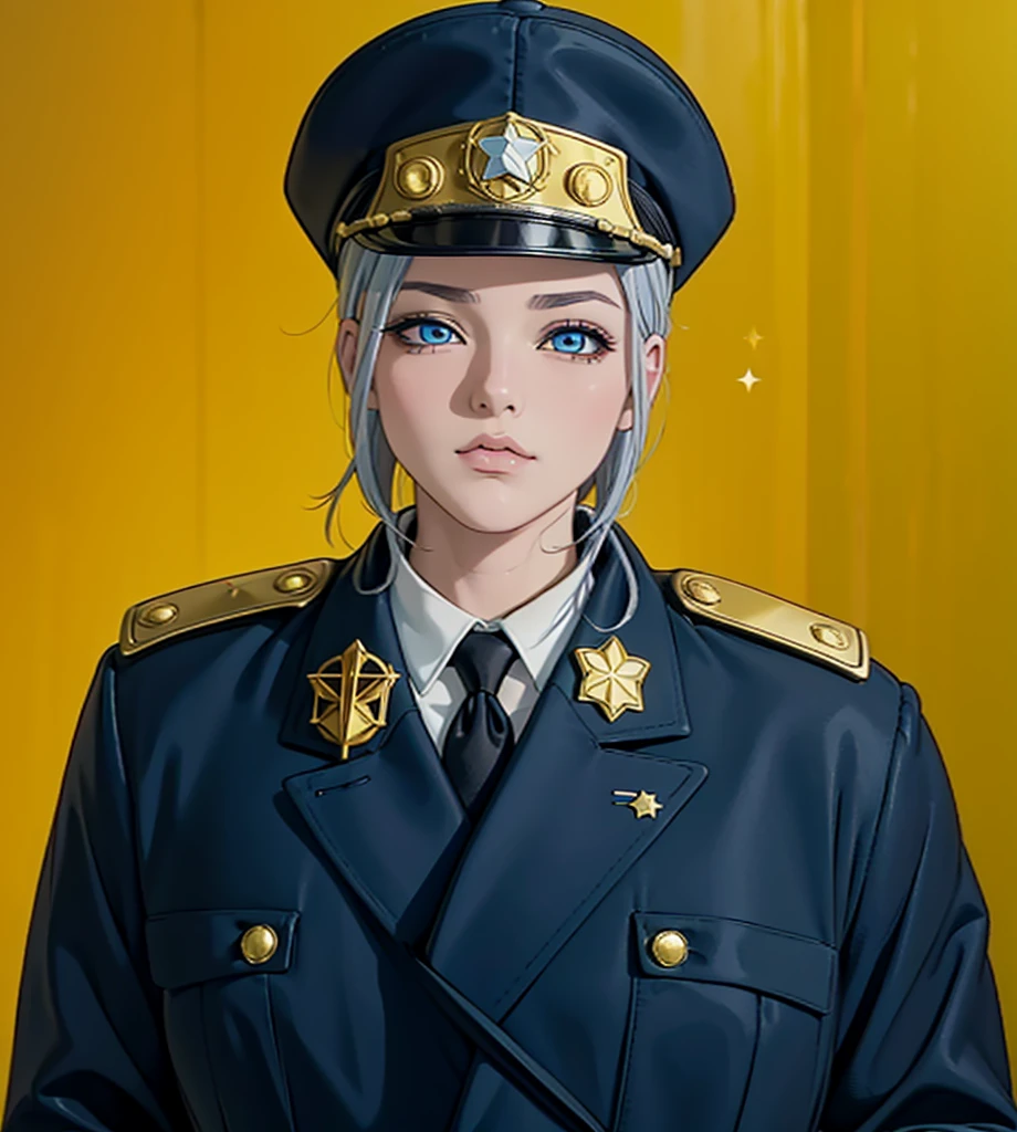 (exceptional, best aesthetic, new, newest, best quality, anime, waifu:1.2), master piece, best quality, absurdres, highres, good anatomy, pretty face, ultra detailed, (1girl:1.3), colored, 1 girl, female, blue eyes, grey hair, peaked cap with big red strip, star insignia on the cap, coat, golden shoulder piece, lautel leaves, inside white shirt, black tie, star badge on the tie, looking at user