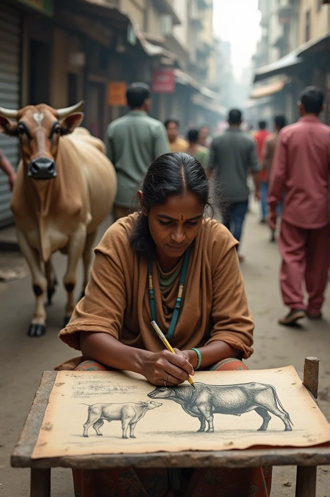 A Indian poor women making drawings cow and watching people