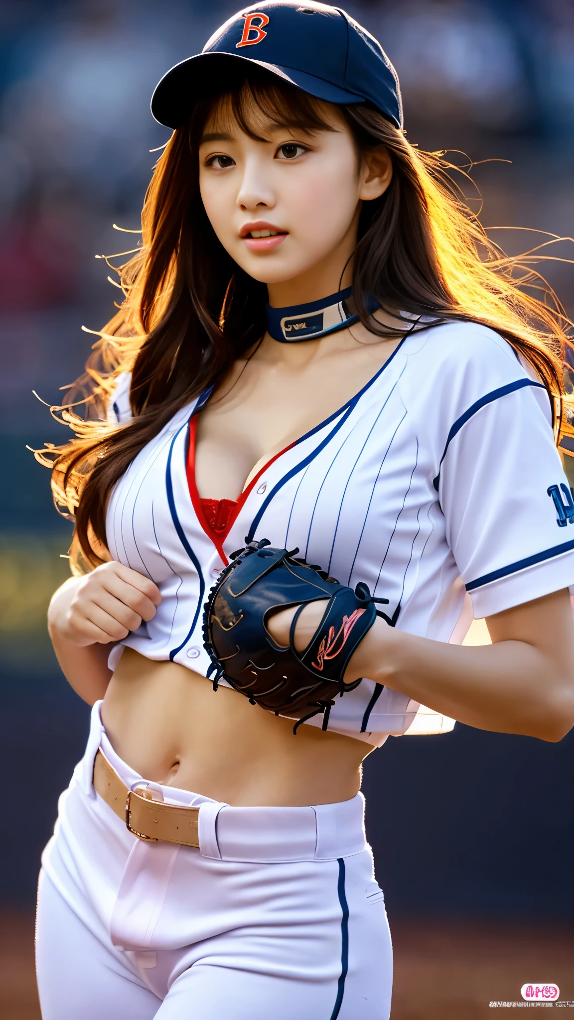 realistic, Highly Detailed CG Integrated 8 thousand Dendenden Wallpapers, Detail, High quality RAW color photos, professional photography, (8 thousand, RAW photos, best quality), (realistic: 1.37), transcendent beauty, 어린 and cute, indian woman, glowing skin, big bust, half exposed chest, (cleavage of breasts:1.2), (fair face:1.2), (long hair blowing in the wind:1.2), huge baseball field, Pitcher, verse, 야구 verse, Baseball cap, Baseball Uniforms, 타이트한 Baseball Uniforms, wearing baseball gloves, Stretch one leg upwards, v-neck open, night, Nighttime, Nighttime verse, night 하늘,
