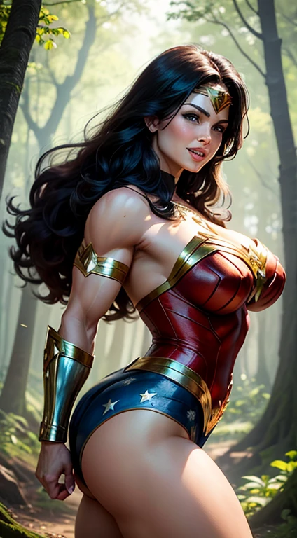 Omnipotent muscular Wonder Woman, forest background, super strong and huge biceps, huge ass and breasts ,receiving cum in the face and being happy