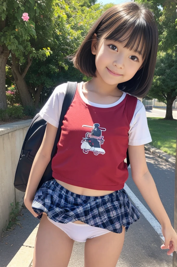 (8k),(masterpiece),(Japanese),(8--old l),((Innocent look)),((Childish)),from the front,smile,cute,Innocent,Kind eyes,Plain T-shirt,Short sleeve,Blue checked short skirt,(Carrying a red backpack),Straight hair,Hair blowing in the wind,Black Hair,Somewhat strong wind,noon, ((White panties)), Take a full-body photo, Spread your legs