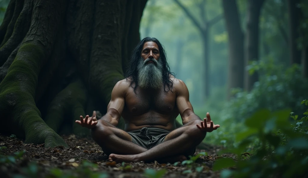 a large muscular with good muscle definition and six pack 55 year old man with long hair like saint hindu meditating under a tree in a dark forest, front side wide angle shot, extremely detailed, hyper realistic, cinematic lighting, dramatic shadows, cinematic composition, moody atmosphere