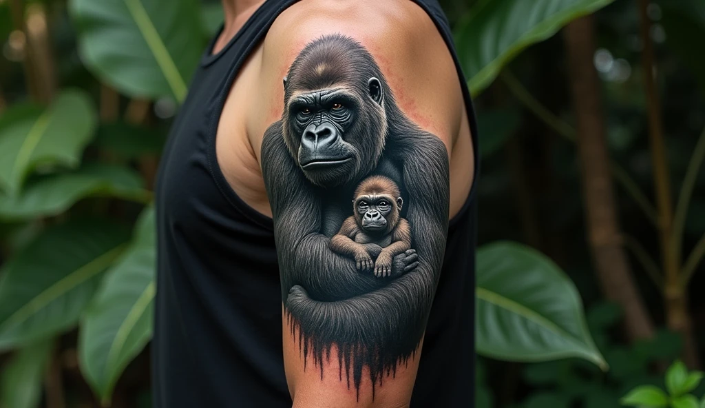 The design of an arm tattoo where two gorillas can be seen, a dad with his