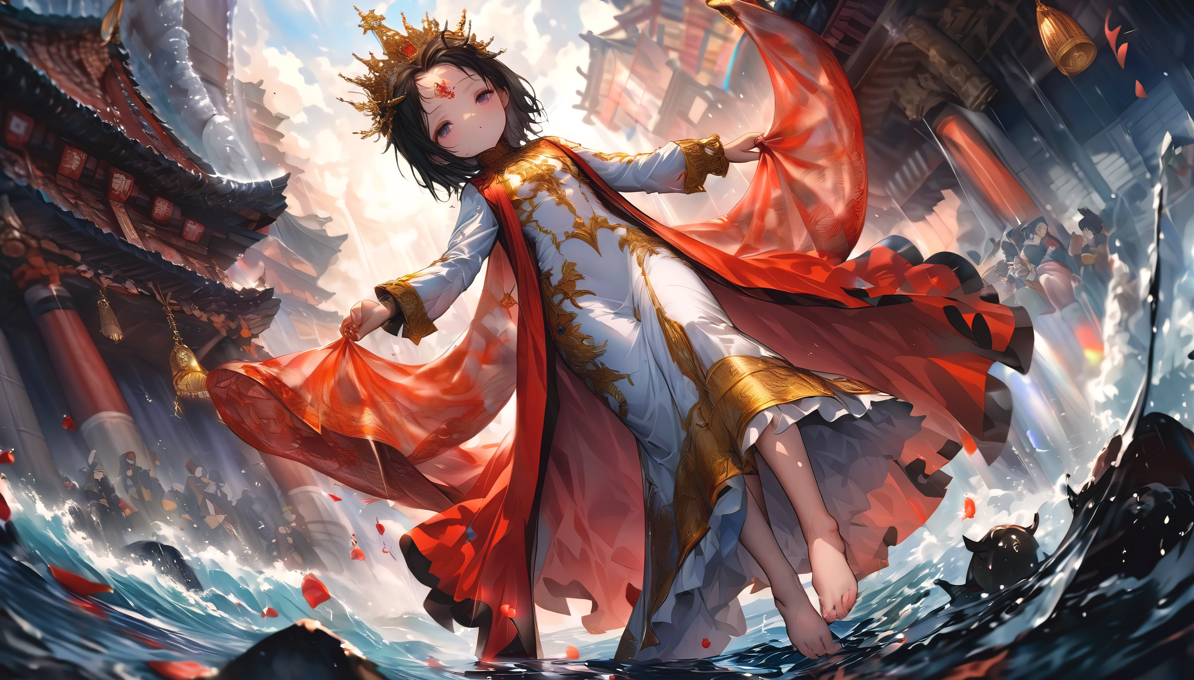 (full body), (solo), (A 7-year-old girl:1.2), (very young little girl), loli, (Solo), (small breast), (wide angle), raw photo, Aesthetic, Convoluted, Awarded, chiaroscuro, Best Quality, Detailed background, (Misty atmosphere:1.2), (hard rainy day:1.1),((Girl in very long costumes of shrine witches:1.2)), detailxl, Girls wearing sacred costumes of shrine witches perform ancient divine dance on cliff near shrine, Her presence is a resistance to the storm. The scene before us is both captivating and surreal. Her outfits are a testament to purity and tradition, Seemingly beyond the chaos of the storm. The white kimono is soaked，cling tightly to her body, its fabric becomes almost translucent in floodwaters, Revealing her inner indomitable spirit. So did she, Gorgeous red tapestry, now dark due to heavy rain, With every elegant step, Every wrinkle and crease silently bears witness to the solemnity of the night. Despite the bad weather, Her bare feet still dance gracefully, Unforgettable and beautiful, Every tiny movement leaves a pious pattern on the damp stone. Hair styled casually from behind、hanging down defiantly, Occasionally put it on her cheeks and forehead, Give her an extraordinary temperament. White sandalwood paper, Originally used to tie hair, Surrender to the wind and rain, Let them float freely in the wind, Like participating in a sacred dance. The golden crown and hairpin on her head symbolize the person she admires, shine in lightning. Their presence silently announced the seriousness of her performance. Her Kagura dance is a spectacle of devotion and grace, Silent prayers become visible. Her every move, From the gentle swing of your arms to the precise steps of your bare feet, Weaving an invisible tapestry in the air, Sing to the gods amidst the din of the storm. Kagura bells are arranged in a seven-five-three arrangement, The crisp sound penetrated the sound of rain, Be a beacon of tranquility in the hustle and bustle. Five colorful ropes decorat