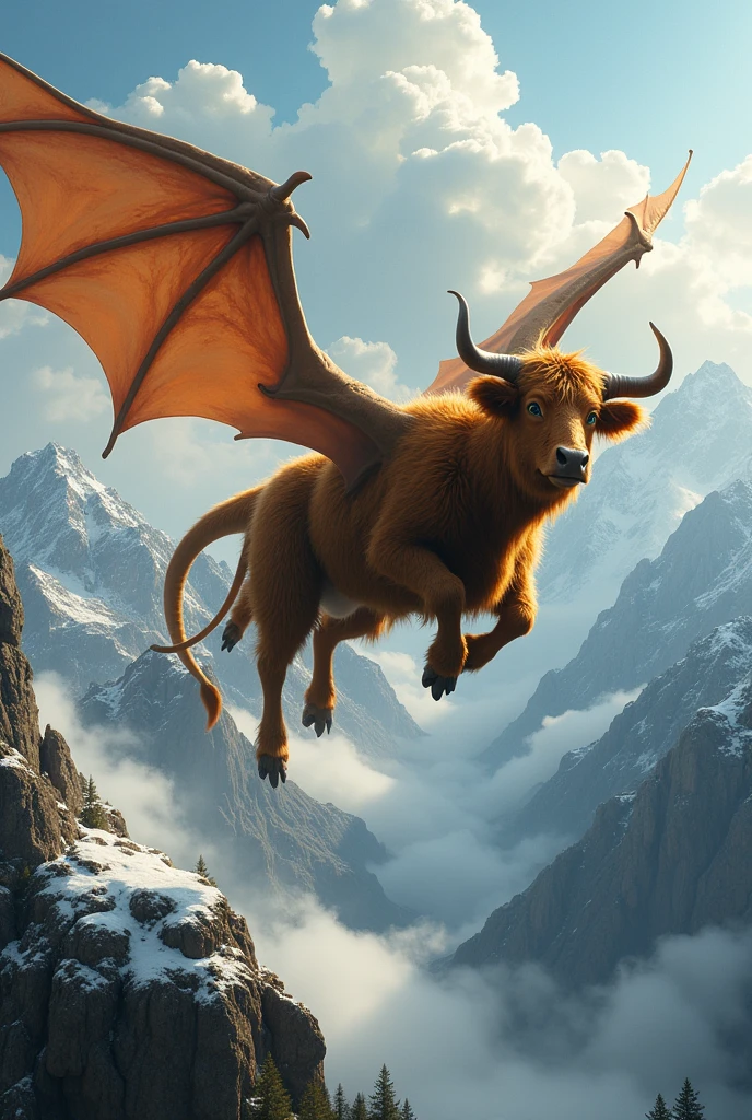A mix between a cow and a dragon flying over a mountain
