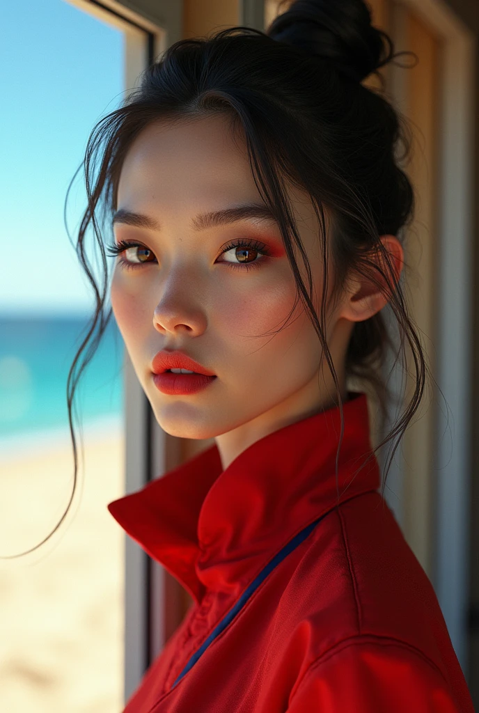 (Best Quality, 4K, 8K, High Resolution, Masterpiece: 1.2), (Super Detailed, Realistic, Photorealistic:1.37)A captivating young girl, donning a striking ensemble of red and blue, stands before a window with an air of toughness and determination. Her enchanting eyes are exquisitely detailed, capturing every glimmer and depth, while her lips boast a meticulous beauty that is both captivating and alluring. The level of detail extends to her entire face, each contour and feature meticulously rendered to perfection, creating a sense of hyper-realism that draws the viewer in.
The girl's attire, reminiscent of oil painting art, is a work of art in itself. The fabric, skillfully crafted to resemble vibrant brushstrokes, adds a touch of dynamism to her overall appearance. It is a true reflection of the artist's talent, showcasing a mastery, (NSFW:1.5), Chignon hairstyle, beautiful nipples, 1 beautiful woman, photorealistic, ultra detailed, high resolution, 8K wallpaper, light brown hair, South Sea beach, sexy and bold swimsuit, cute big ass, sharp focus, perfect dynamic composition, realistic and finely drawn beautiful eyes, finely drawn hair, fine and realistic skin texture, smiling, close-up portrait, model body shape, (Representative Works: 1.3), (8k, photorealistic, raw photos, Highest image quality: 1.4), (30 years old mature woman),small face, beautiful face, (realistic face),no makeup、natural makeup、light makeup、 (Dark brown, short hair: 1.3), beautiful hairstyle, realistic eyes, beautiful detailed eyes, (Photorealistic skin), beautiful skin, (sweater),、Bust B Cup、 disorganized, Charm, 超High definition, Super realistic, High definition, golden ratio, FF Tifa、,sunny day beach background,