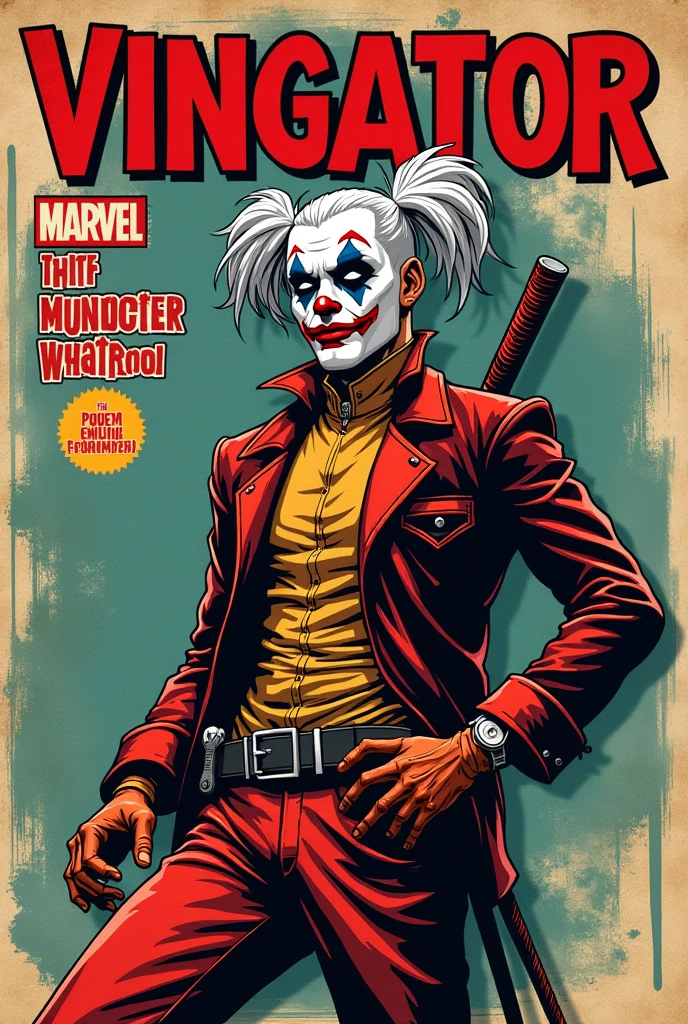 Old style marvel comic book cover ,with a character with clothes from Deadpool pants, Joker jacket, face with clown makeup, white hair, with title of "vingator"