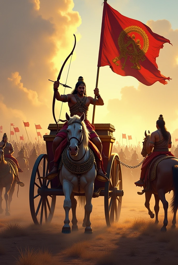 Illustrate the moment just before the battle begins on the Kurukshetra battlefield. Show Arjuna, with the banner of Hanuman on his chariot, observing the Kaurava army arrayed in battle formation. Arjuna should be depicted drawing his bowstring, preparing for the fight, with a focused and determined expression. His chariot, with its divine banner, should be prominently featured. Include Krishna, his charioteer, by his side, ready to listen to Arjuna's words. The battlefield should be detailed with both armies in formation, traditional armor, and weapons, capturing the tension and anticipation of the imminent battle. The scene should reflect the transition from preparation to action, emphasizing the critical moment of Arjuna’s readiness and his impending dialogue with Krishna