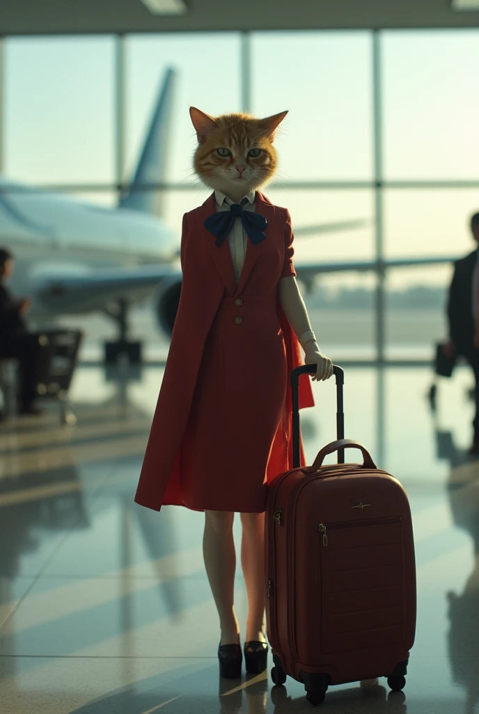 35mm lens,Multiple angles,full-body shot,漂亮的Cat,cute,Sexy,Personification,Back,side,silhouette,Overhead shot,Cat,Standing,doll,Airline stewardess,Trolley case,,AIRPORT,Boeing 747 background,Airline stewardess, cloak,Ruan Jia,,Work clothes,tie, full-body shot,(Delicate face), (Fine fluffy fur),(35mm Cinema Lens),(Multi-angle shooting),(many viewing angles)