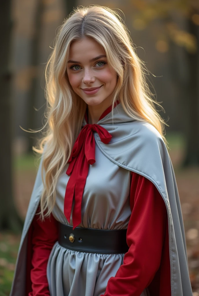 (RAW photo) , 1girl, cute, 20 years old, long blonde hair , smiling, look at viewer, ((((silver and red lined satin cape tied at the neck)))+++, side spilt skirt , photo, realistic, best quality, hires, detailed face, detailed background, diffused lighting, depth of field, bokeh