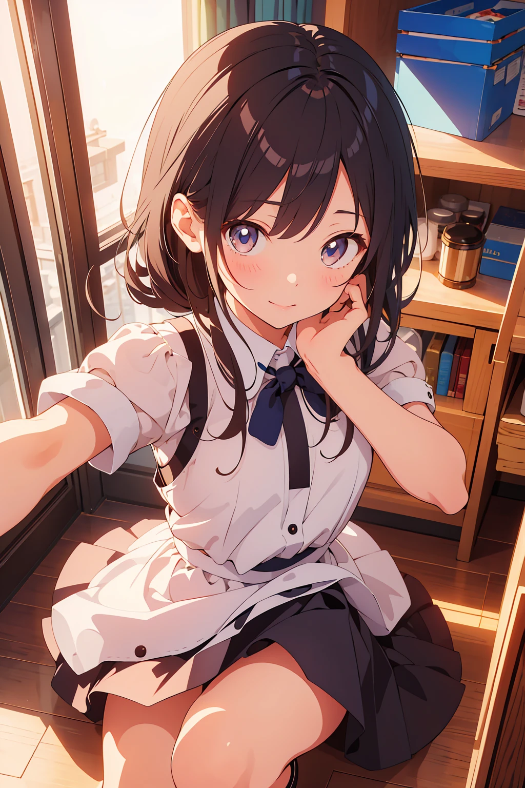 4K, (work of art), highest quallity, 2d, ((rebeld girl)), (teenage anime girl), holding a flower, summer dress, selfie, short hair with long bangs, heterochromatic eyes, ssmile, full height, clean eyes, black eyelash, (intrincado detalhado), dramatic, makoto shinkai, purple eyes, in your room, serious, rainy
