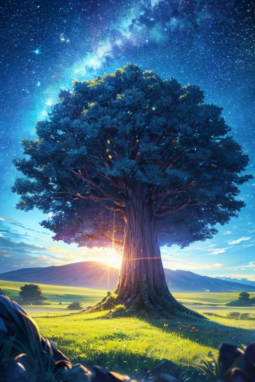 Huge world tree,A giant tree that covers the sky,Shot from below,Vibrant colors,Starry Night,Steppe with no one,50mm lens,CANON EOS,Long Exposure