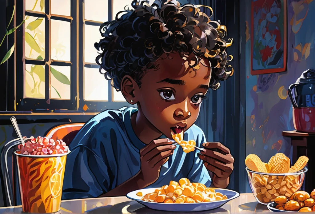 A 13 years old boy eating snacks indoor, black skinned 
 (masterpiece best quality:1.2) delicate illustration ultra-detailed, illustrations, bright, colourful, 