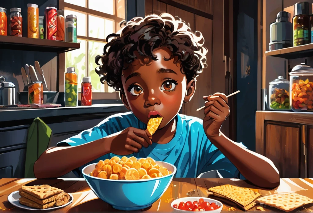 A 13 years old boy eating snacks indoor, black skinned 
 (masterpiece best quality:1.2) delicate illustration ultra-detailed, illustrations, bright, colourful, 