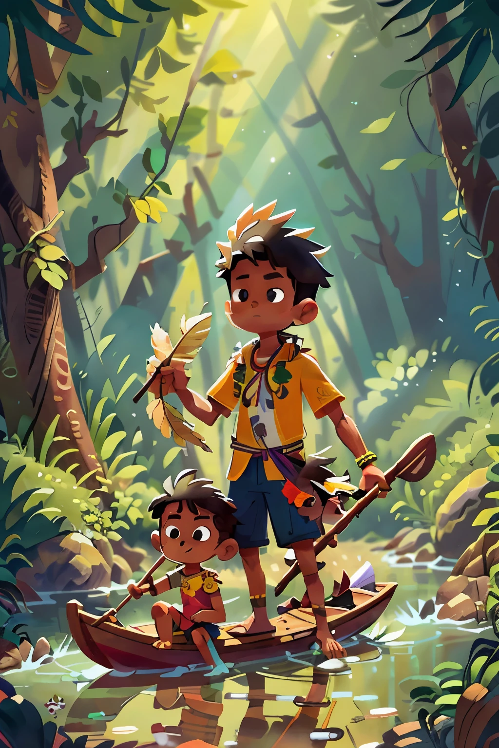 Poster design, (SFW), a Brazilian Indian woman and a Brazilian Indian boy, naked bodies, feathers on head, indigenous clothing, paddling in a deep canoe is a small river of poems interspersed in the forest, perfect quality, Focus Clear, fullcolor, face perfect, details Intricate, ultra-low viewing angle, wide angle lens