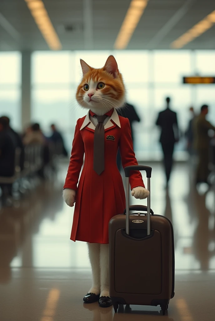 35mm lens,Multiple angles,漂亮的Cat,cute,Sexy,Personification,Back,side,silhouette,Overhead shot,Cat,Standing,doll,Airline stewardess,Trolley case,,AIRPORT,Airline stewardess, cloak,Ruan Jia,,Work clothes,tie, (Delicate face), (Fine fluffy fur),(35mm Cinema Lens),(Multi-angle shooting),(many viewing angles)